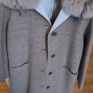 Woman's Gray Wool Coat with Real Fur Collar
